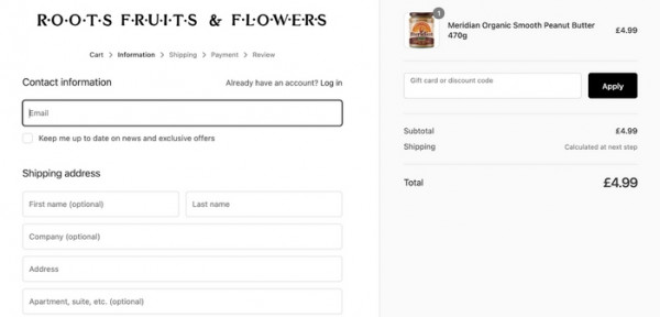 Screenshot showing the checkout page on Roots Fruits &amp;amp;amp;amp;amp;amp;amp;amp; Flowers website