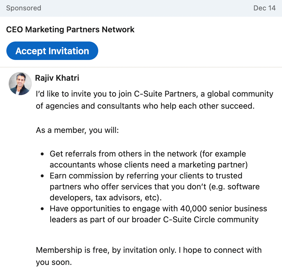 Example of LinkedIn message ads