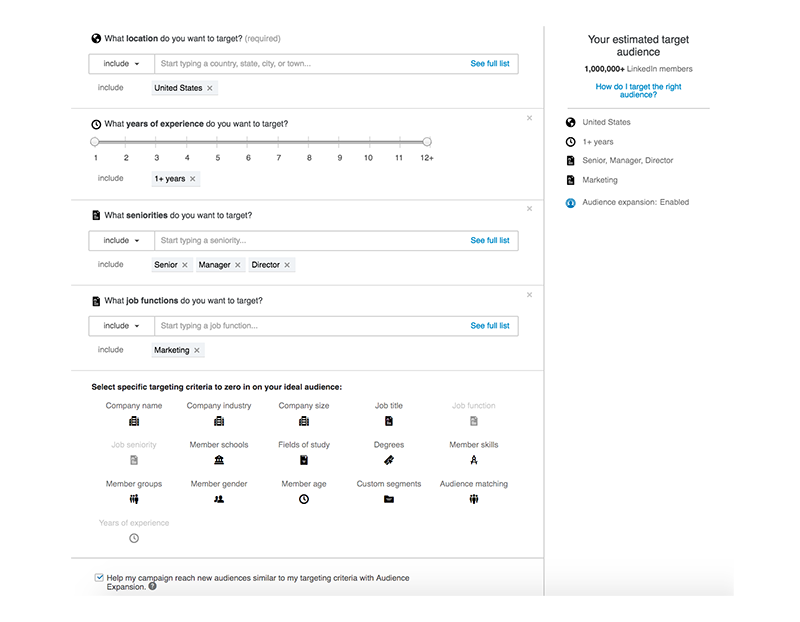 Screenshot showing granular targeting options for advertising on LinkedIn