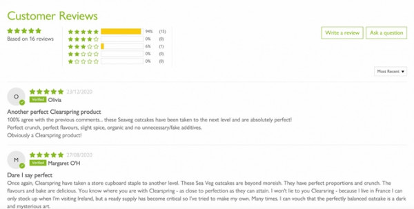 Screenshow showing Clearspring's positive customer reviews