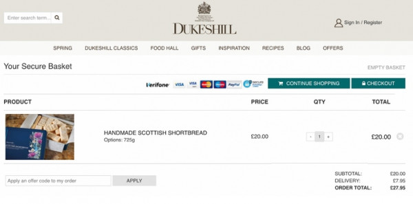 Screenshot showing the payment options on the Dukeshill website