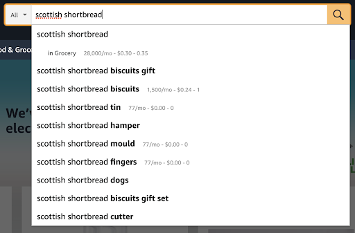 Screenshot showing Amazon keyword suggestions in a search bar