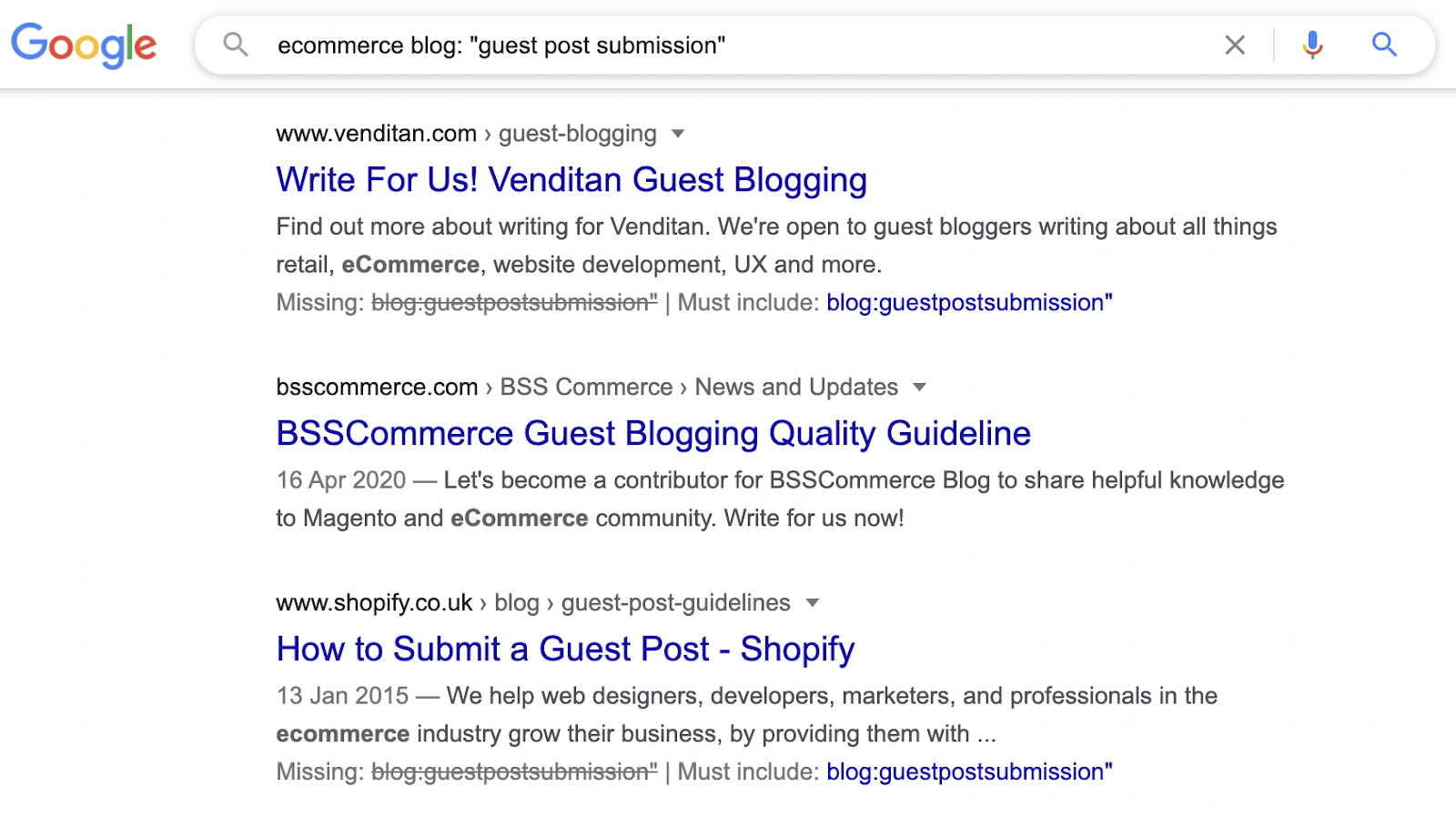 Search engine result pages showing guest blogging opportunities