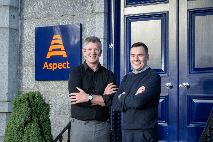 Photo of Andrew McCallum and Ewan Duthie outside Aspect's new offices